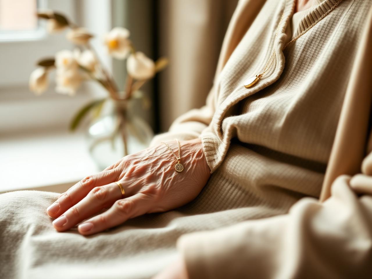 Older woman's hands resting in her lap wearing a fine gold pendant necklace