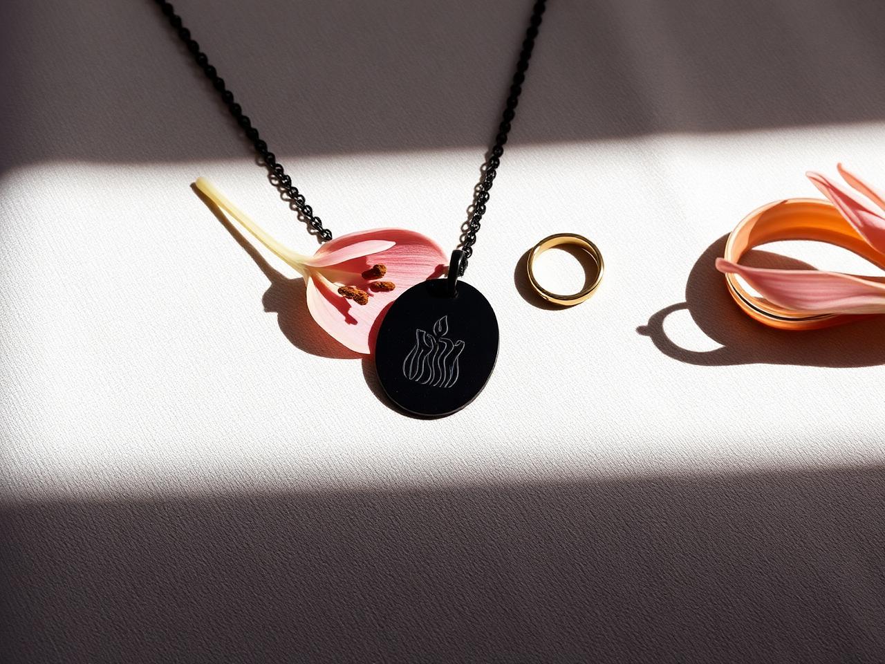 Matte black engraved pendant on a dark chain beside a pink lily petal and a gold ring
