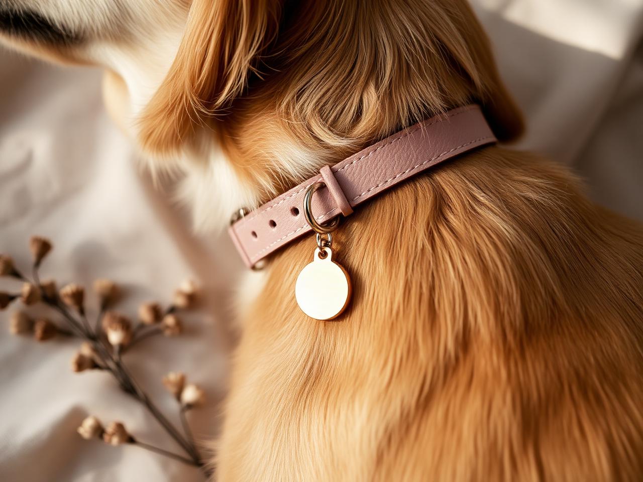 Engraved gold pet tag hanging from a blush leather collar on a golden-coated dog