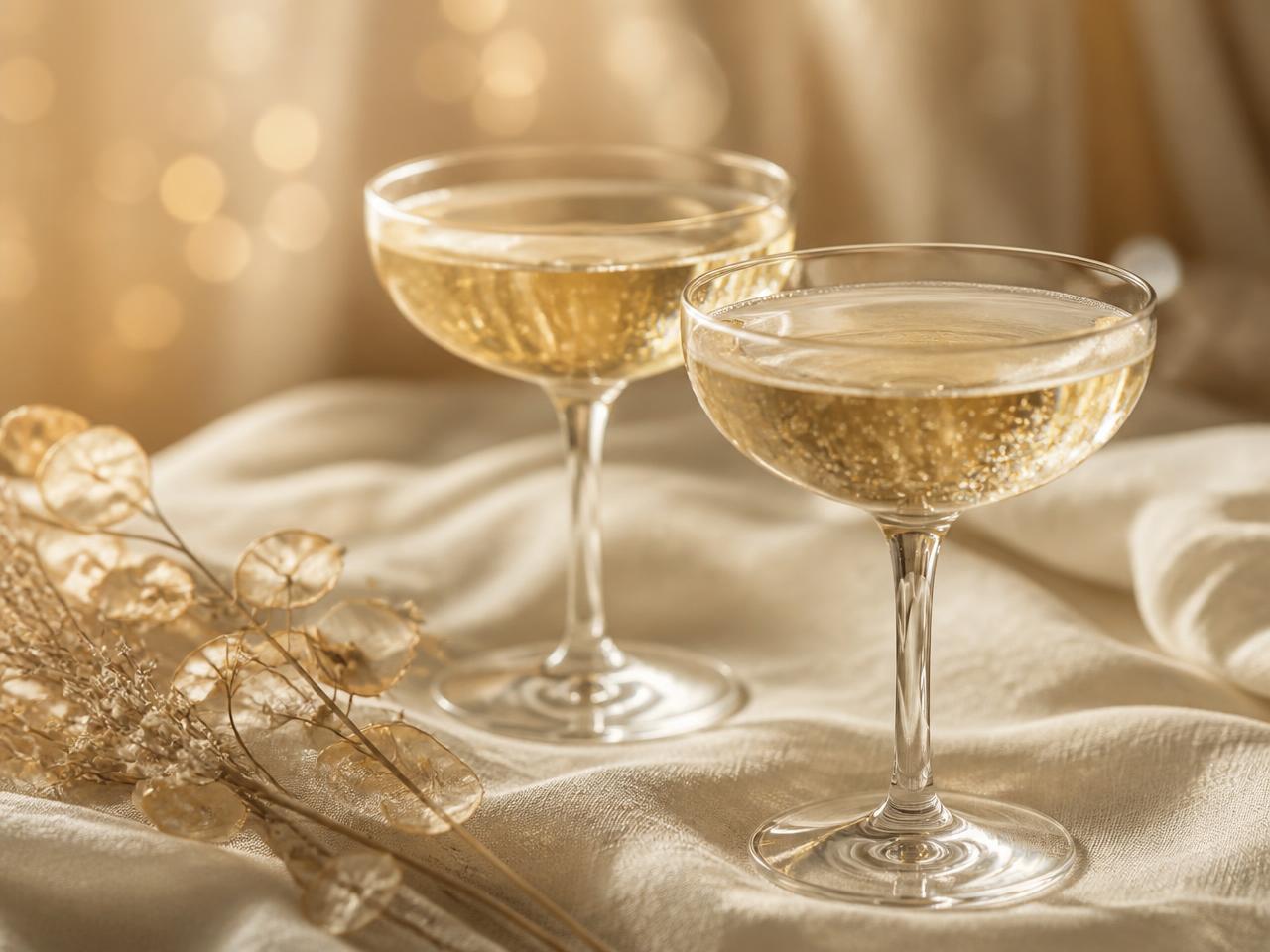 Two champagne glasses catching golden light on ivory linen