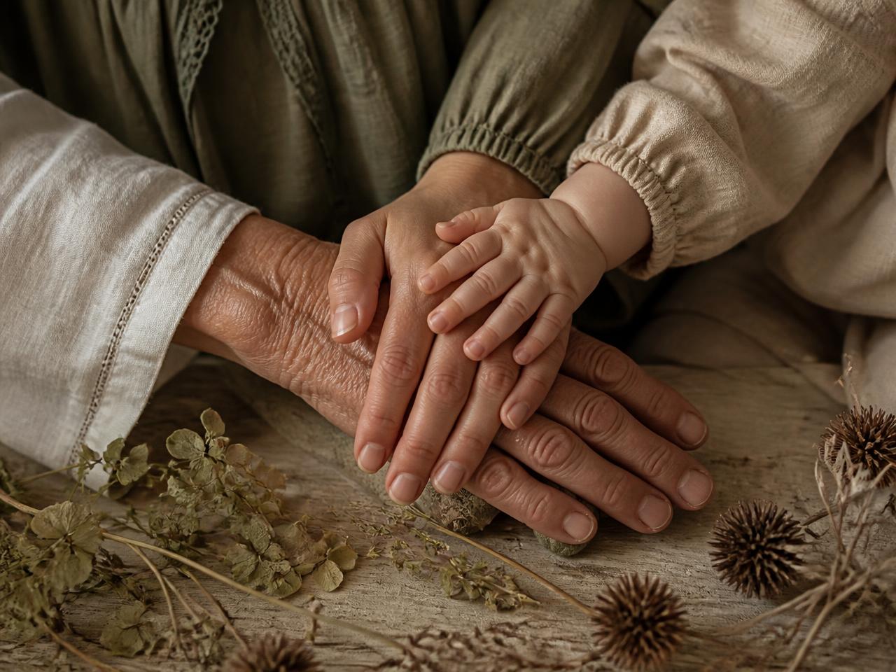 Three generations of hands resting together on a wooden table with dried botanicals