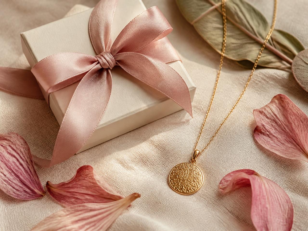 An engraved gold pendant beside a ribboned gift box on ivory linen