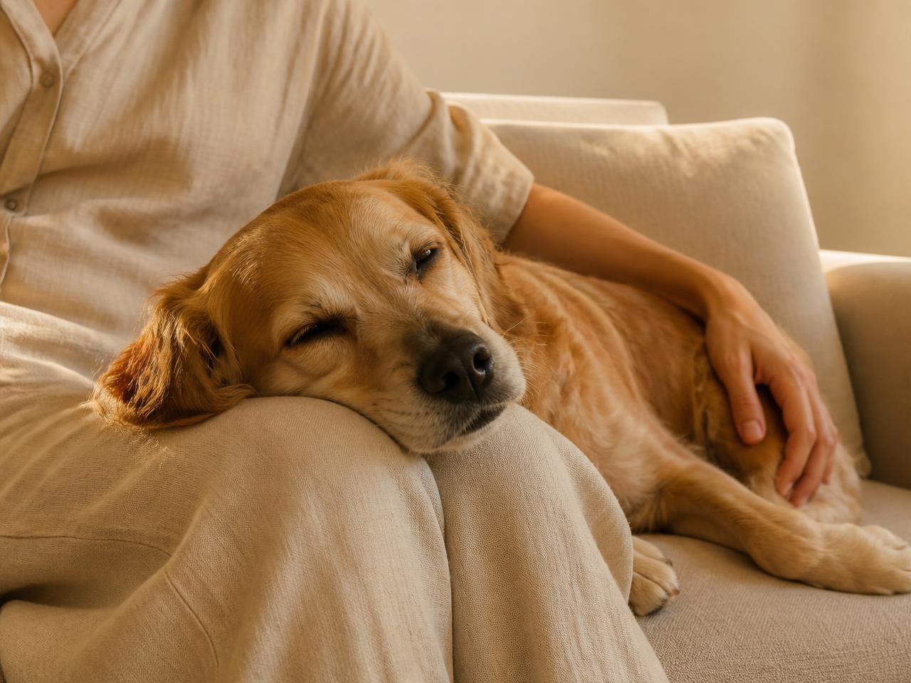 A golden dog resting its head on its owner's knee on a linen sofa