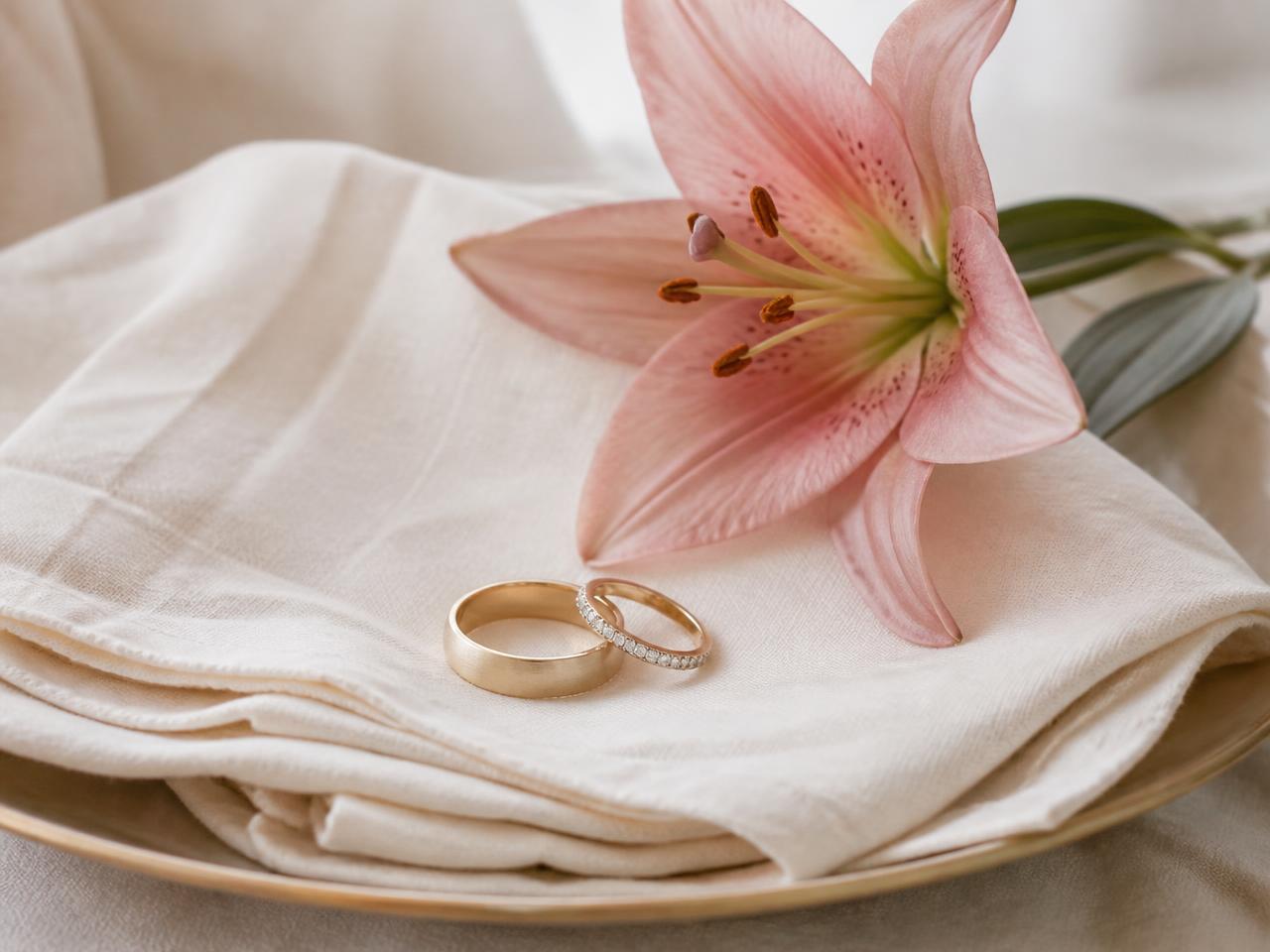 Gold wedding rings resting on ivory linen beside a pink lily
